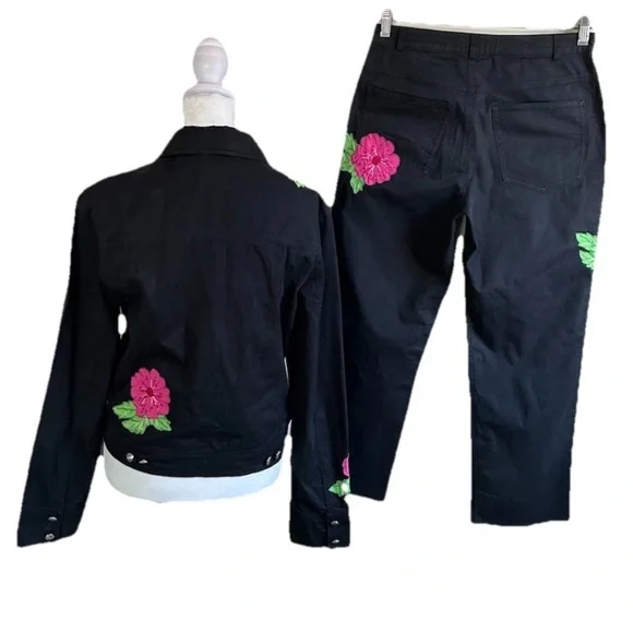 Vintage ESCADA Floral Embroidered Beaded Black Jacket + straight leg Pant SET 34